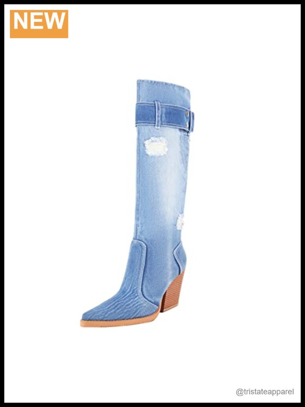 Women's Denim Knee High Boots Pointed Toe Chunky Stacked Heel Cowgirl Boots